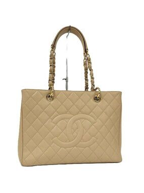 Chanel Gst Chain Tote Bag Quilted Caviar Leather Beige